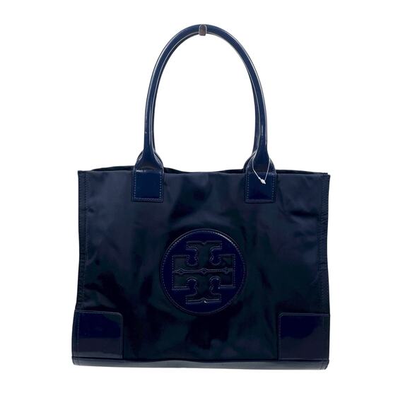 Tory Burch Small Ella Patent Leather Tote Bag Nylon Purse Navy Blue - Picture 2 of 11